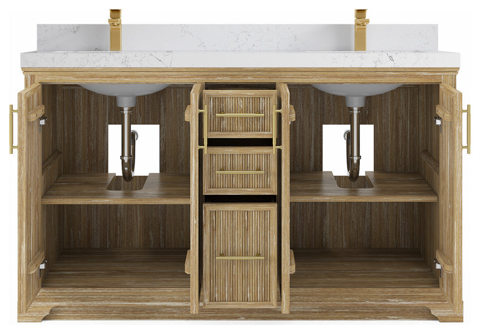 Alys Teak 60 Double Sink Bathroom Vanity Whitewashed 2" Empira Quartz