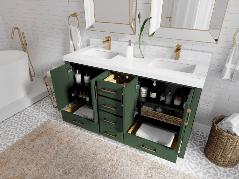 Preston Bath Vanity, Green, 60", Empira Quartz Top, Double, Freestanding