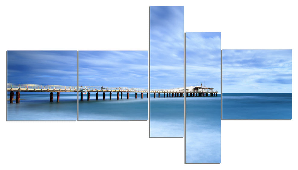 Pier Infinite to Blue Sea, Seascape Canvas Art Print, 60"x32", 5 panels
