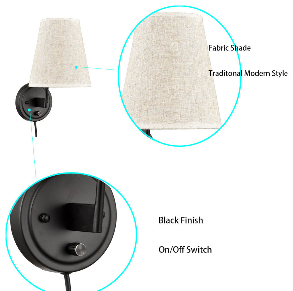 Plug-in Wall Lamp Set of 2 Fabric Shade Wall Sconces Light