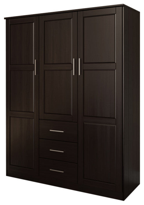 100% Solid Wood Cosmo 3-Door Wardrobe/Armoire, 2 Shelves, Java-Raised Panel