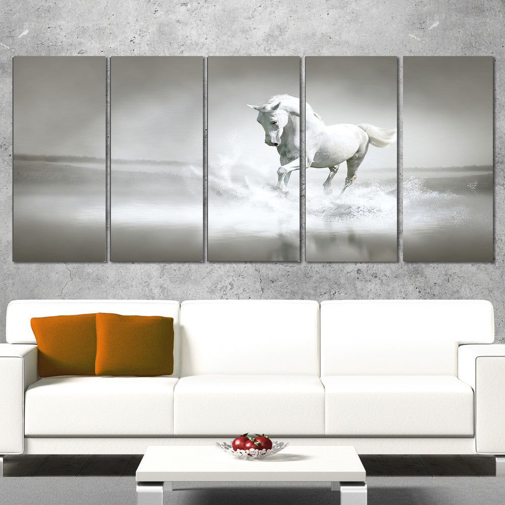 White Horse Running in Water, Animal Canvas Art Print, 60"x28", 5 Panels