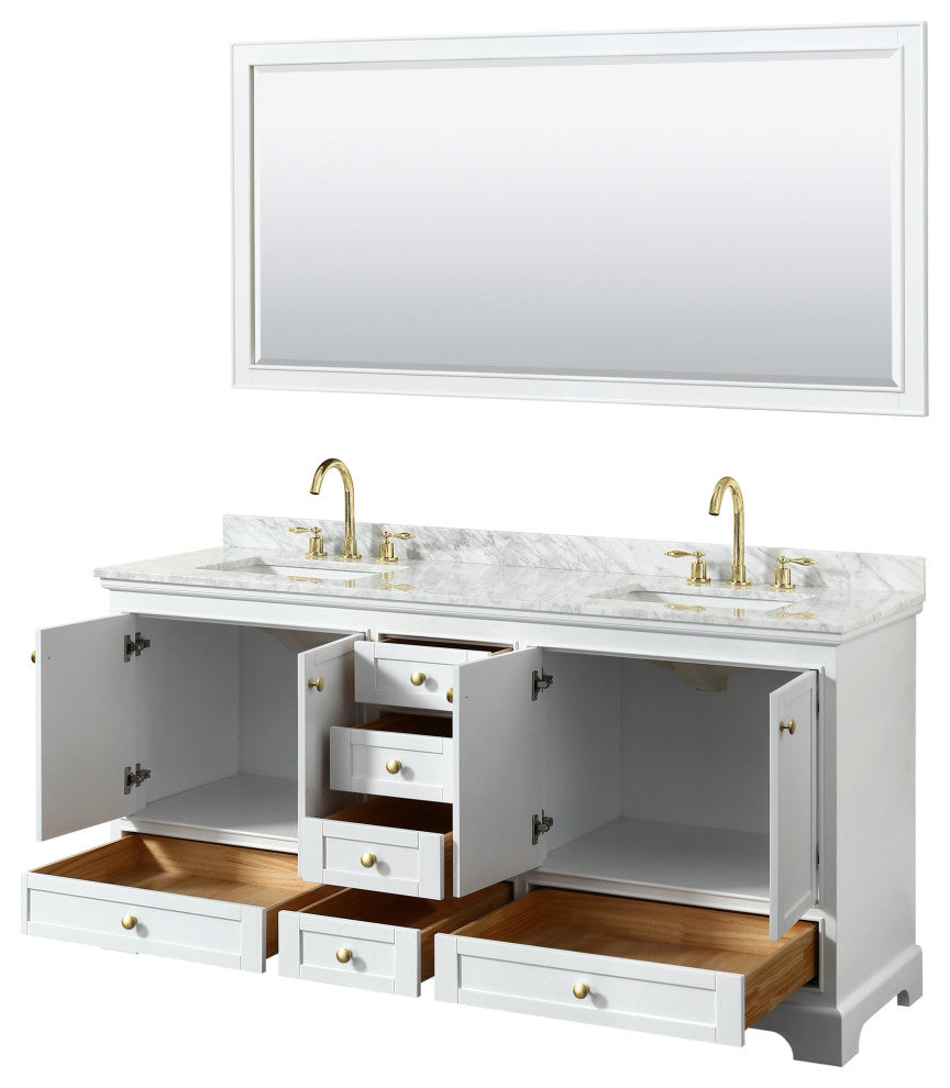 72"DBL Bath Vanity White, Carrara Countertop, Sinks, Gold Trim, 70" Mirror