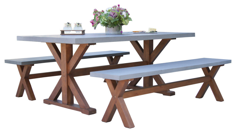 3-Piece Eucalyptus and Composite Dining Set With Matching Benches