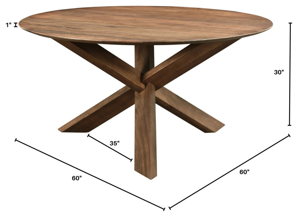 Round 60" Wide Mango Wood 3-Legged Dining Table, Brown