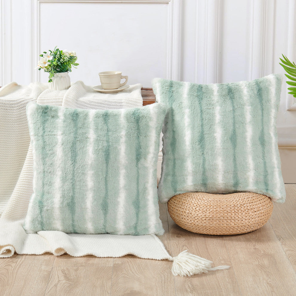 Amanda Stripe Faux Fur 2 Piece Pillow Shell Sets, Misty Blue, 20"x20"
