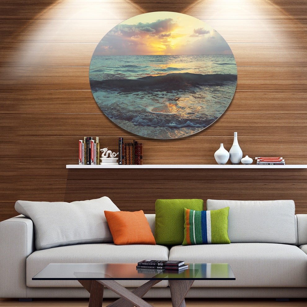 Colorful Bluish Waters At Sunset, Seashore Disc Metal Artwork, 11"