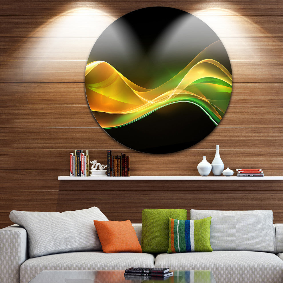3D Gold Green Wave Design, Abstract Digital Art Disc Metal Artwork, 11"