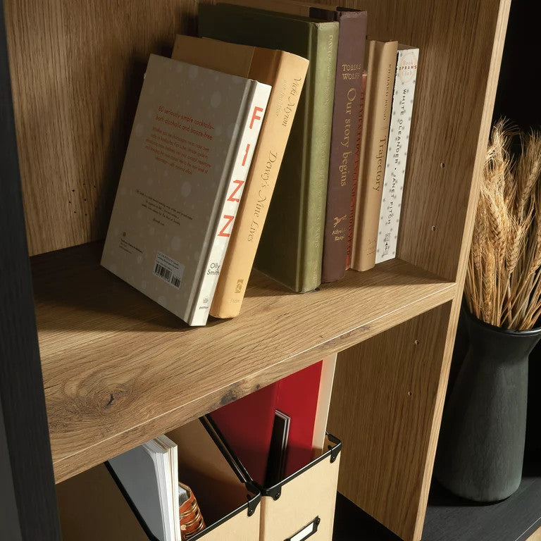 Tall Bookcase, 5 Open Compartments & Lower Storage Cabinet, Raven Oak/Timber Oak