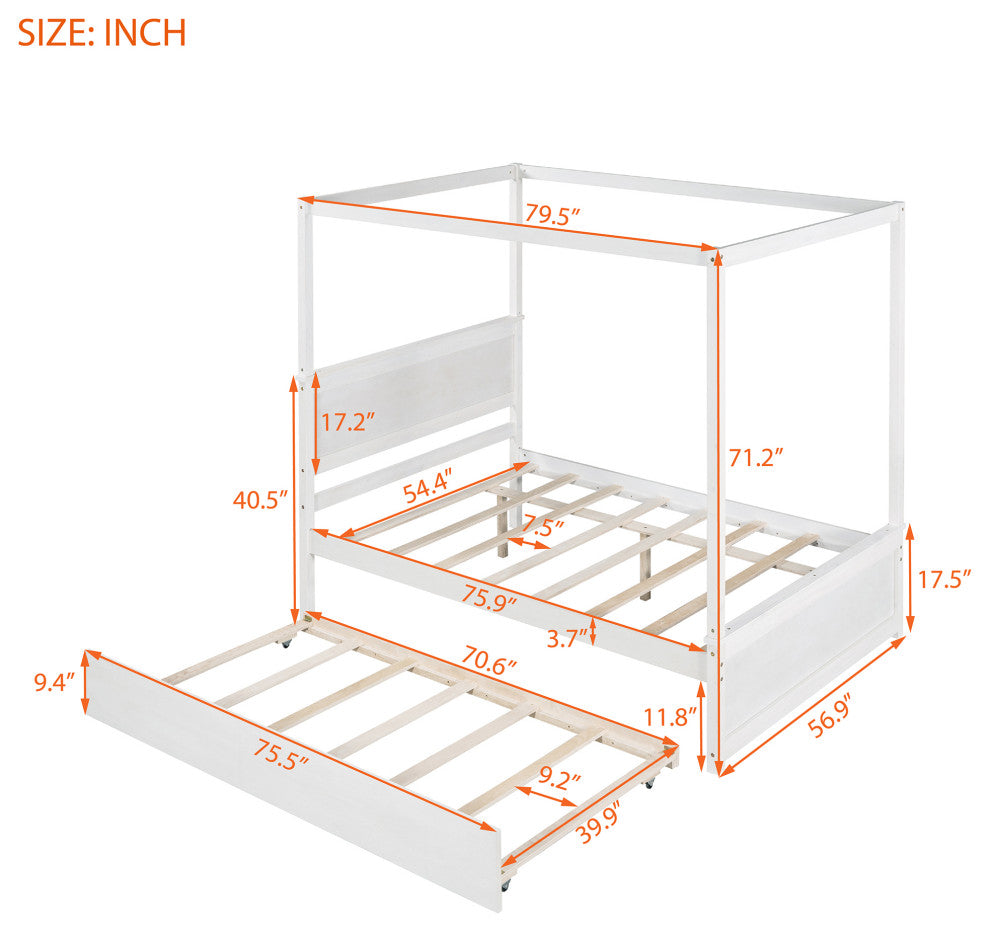 Full Wood Frame Canopy Platform bed with Trundle Bed, White, Full