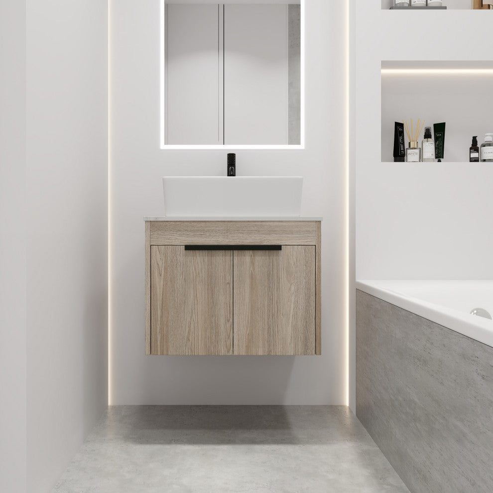 Wall-Mounted Bath Vanity, White Oak, White Ceramic Vessel Sink