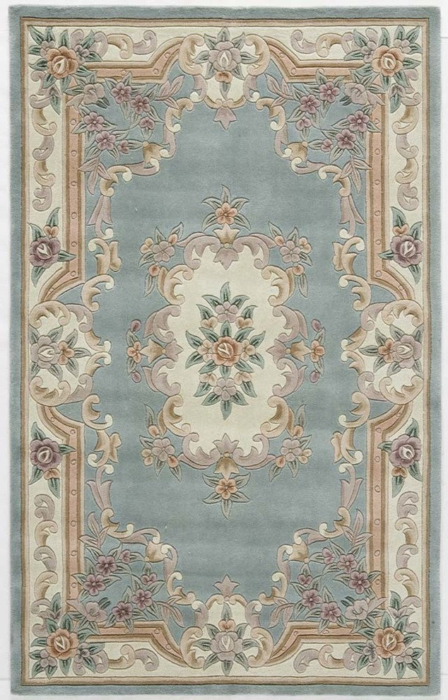 New Aubusson Rug, Light Green, 5'x8'