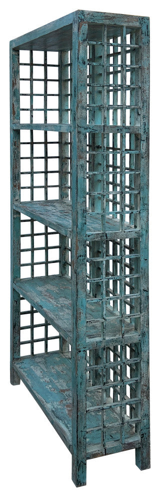Distressed Teal Blue Green Grid Style Back Side Bookcase Display Cabinet