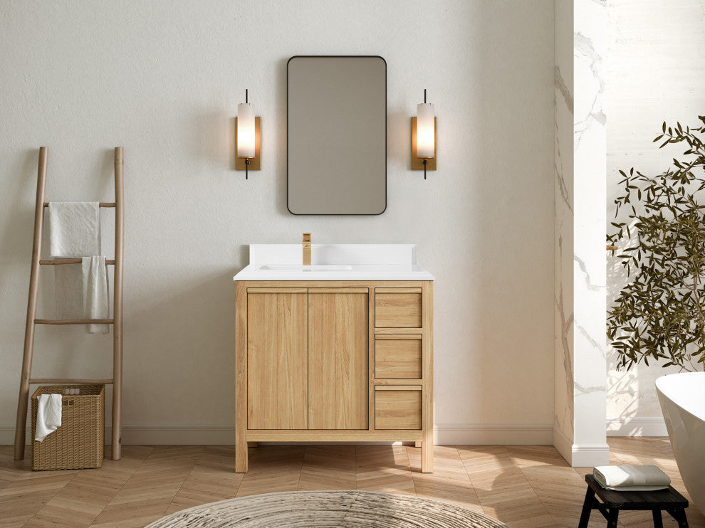 Elizabeth 36 Left Offset Bath Vanity in Light Natural Teak 1.5" White Quartz