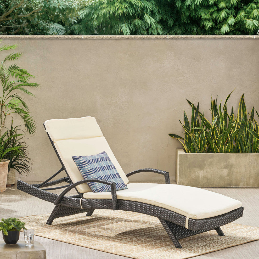 GDF Studio Solaris Outdoor Gray Wicker Armed Chaise Lounge With Cushion, Beige