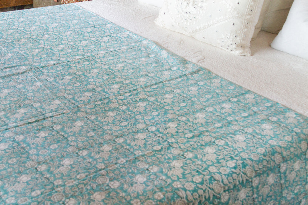 Oleander Aqua Block Print Cotton Coverlet