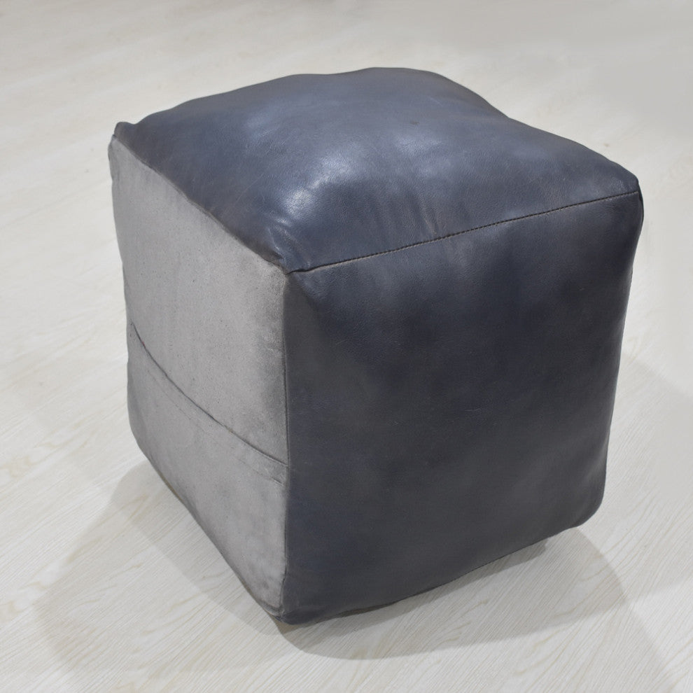 Poufs-Solid Goat Leather Pouf, Handmade (Recycled Cotton Fill), [Square) 14x14x14
