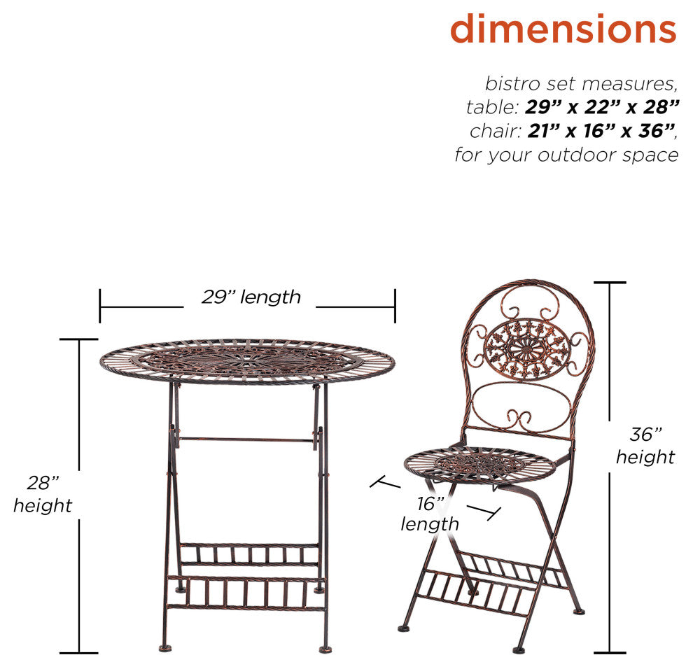 3-Piece Oval Bistro Set Folding Table and Chairs Patio Seating, Bronze