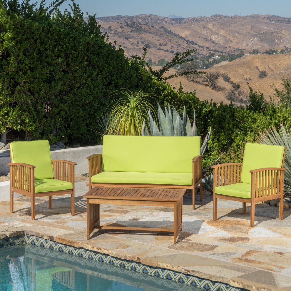 GDF Studio 4-Piece Caresta Outdoor Acacia and Light Green Cushions Sofa Set