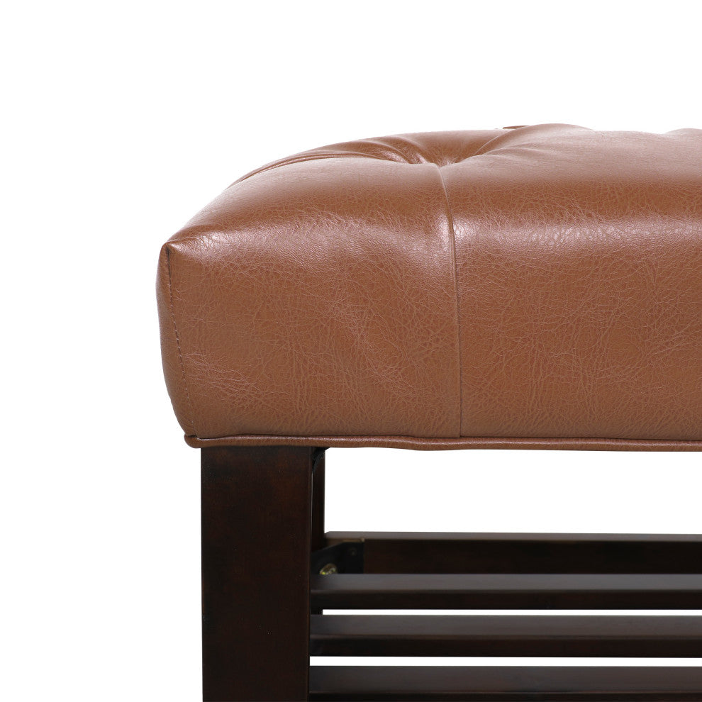 Pelon Contemporary Button Tufted Bench With Shelf, Cognac Brown/Dark Walnut