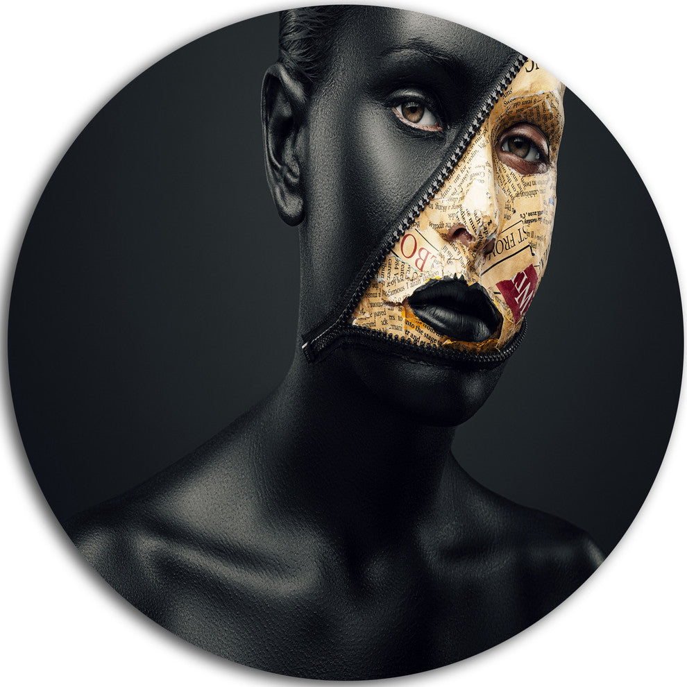 Woman With A Zip On Face, Art Portrait Large Disc Metal Wall Art, 23"
