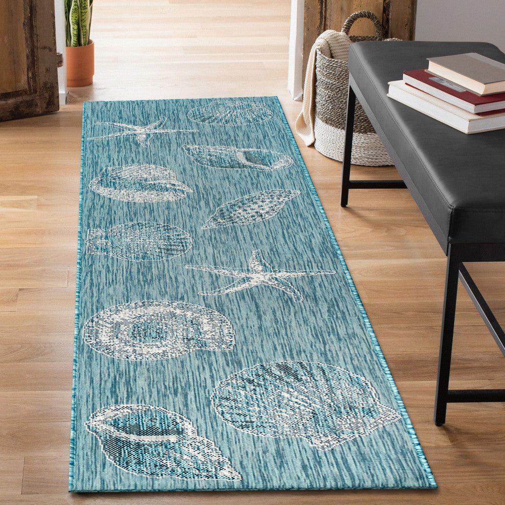 Carmel Shells Indoor/Outdoor Rug, Aqua, 1'11"x7'6" Runner