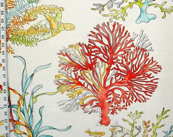 Red Coral Fabric Ocean Reef Turtle Curtain Material, Standard Cut