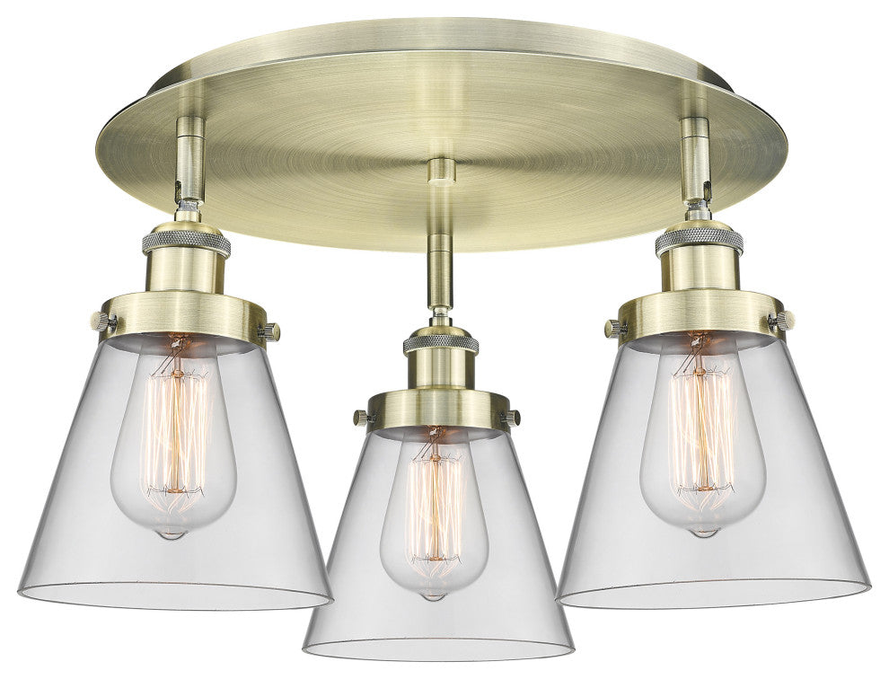 Cone-3 Light 18" Flush Mount-Antique Brass, Clear Glass Shade