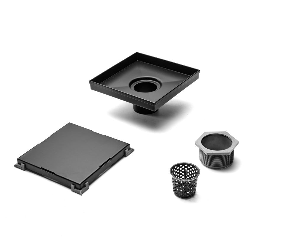 HEATGENE Square Shower Drain With Flat Cove, Matt Black, 4"