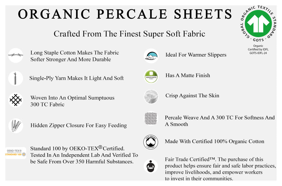 A1HC GOTS Certified Organic Cotton Percale Pillowcase Pair, King(21"x36")