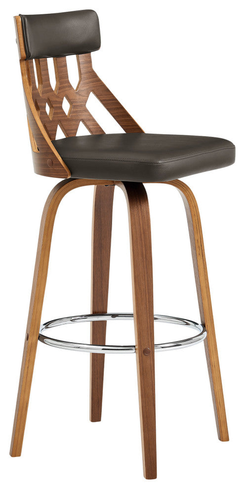 26" Cream Faux Leather Curved Back Walnut Wood Swivel Bar Stool