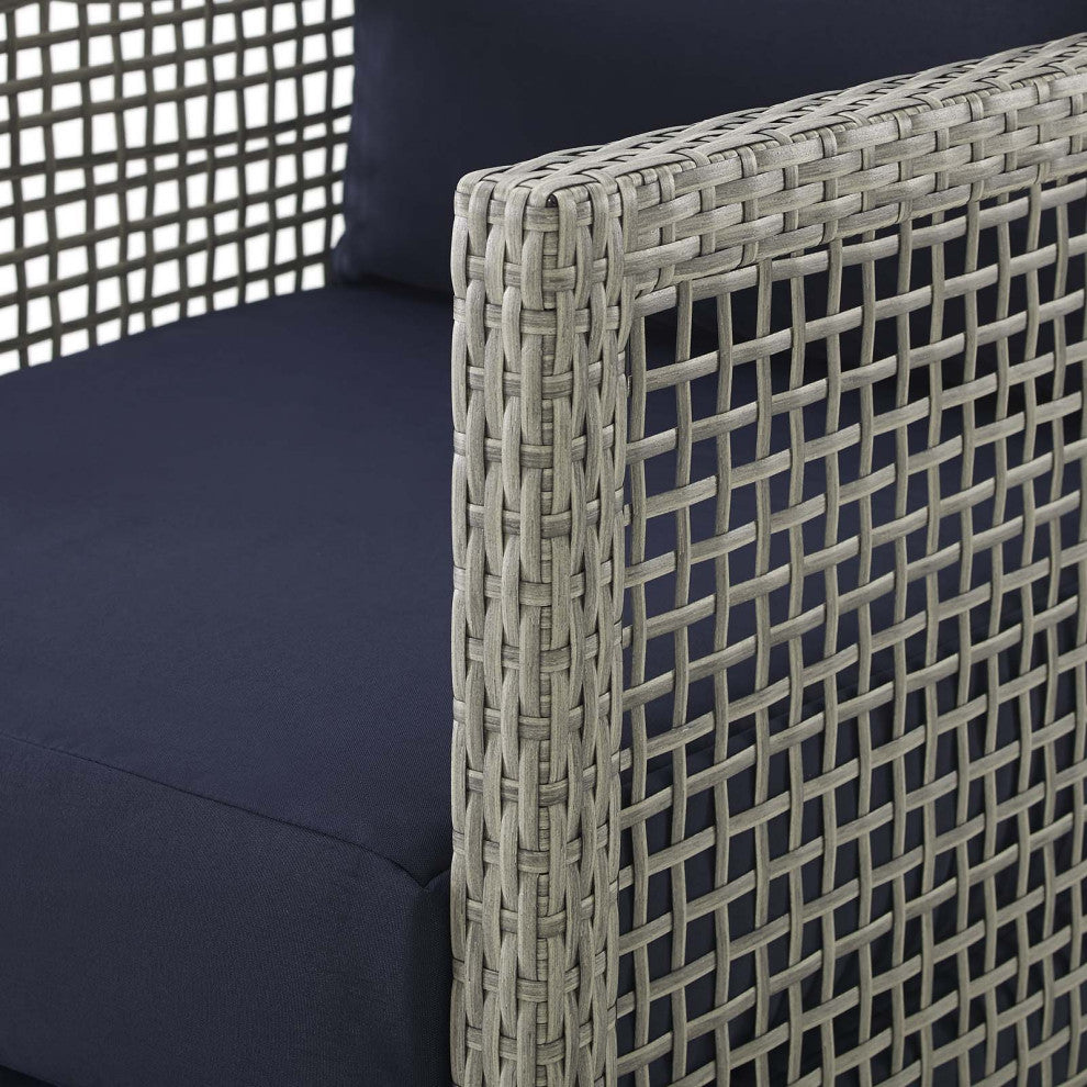 Modern Outdoor Sofa, Chair and Coffee Table Set, Rattan Fabric, Gray Navy Blue