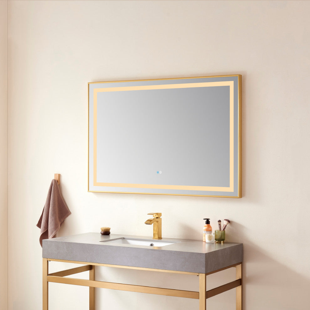 Horizontal Rectangular LED Wall Mount Bathroom Mirror, Gold, 48"