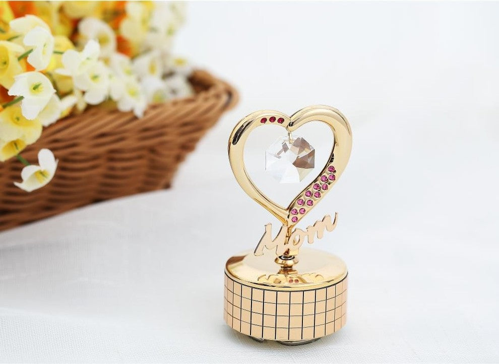 24K Gold Plated Mom Heart Wind-Up Music Box Table Top Ornament