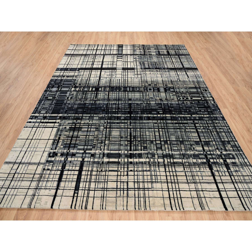 Black, Modern Lines Design, Ghazni Wool, Hand Knotted, Oriental Rug, 8'2" x 9'9"