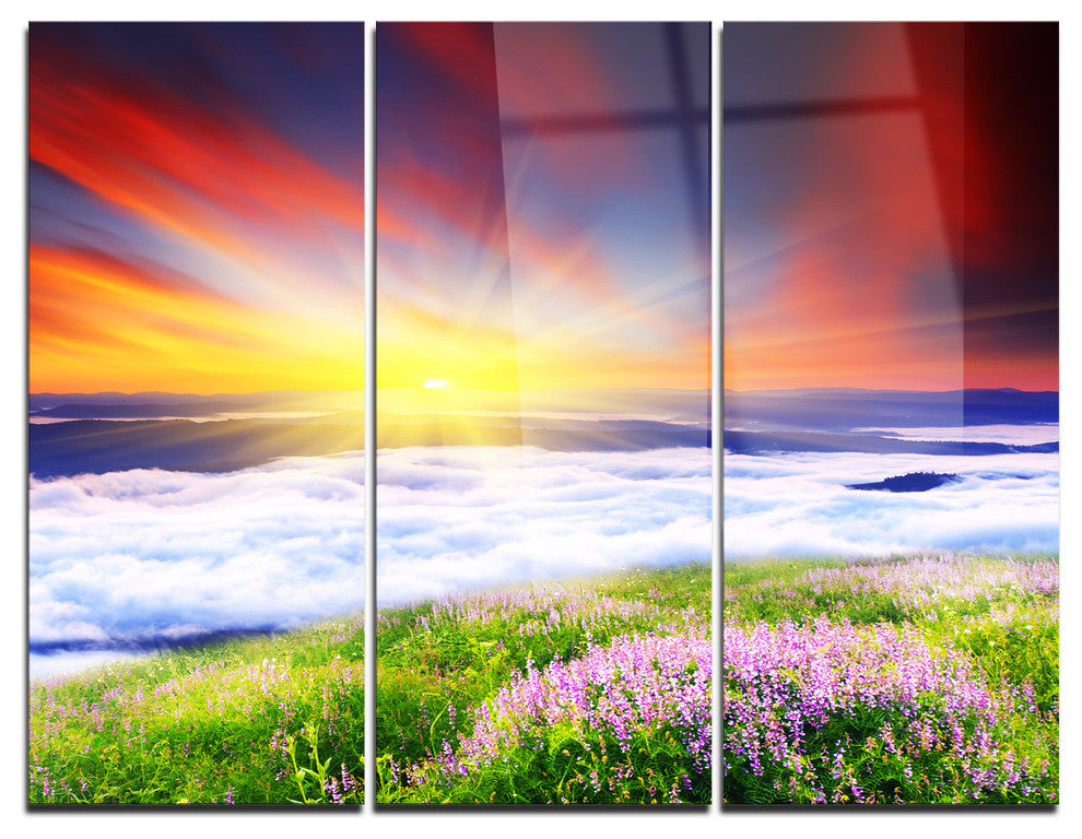 "Sunrise With Blooming Flowers" Metal Wall Art, 3 Panels, 36"x28"
