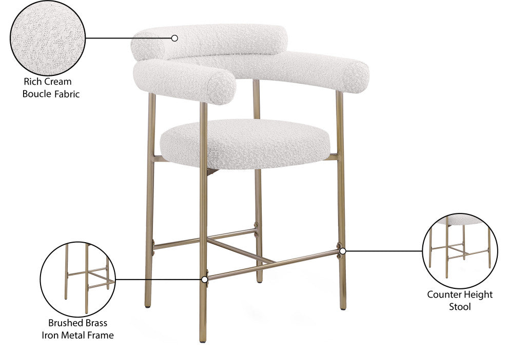 Blake Boucle Fabric Upholstered Counter Stool, Set of 2, Cream, Brushed Finish
