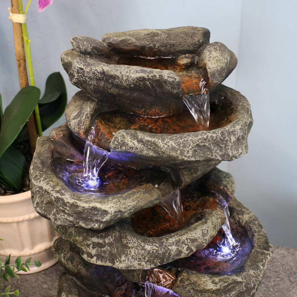 Sunnydaze 6 Tier Stone Falls Tabletop Indoor Water Fountain With LED, 15"