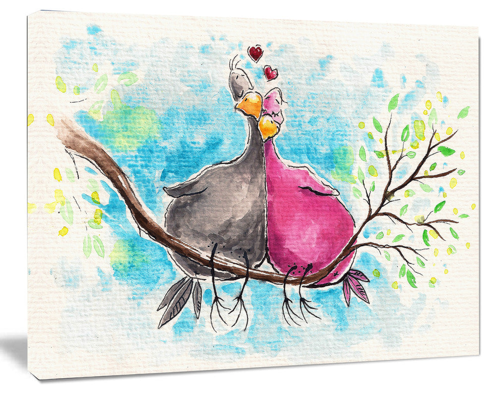 Two Birds in Love on Branch, Abstract Canvas Art Print, 20"x12"