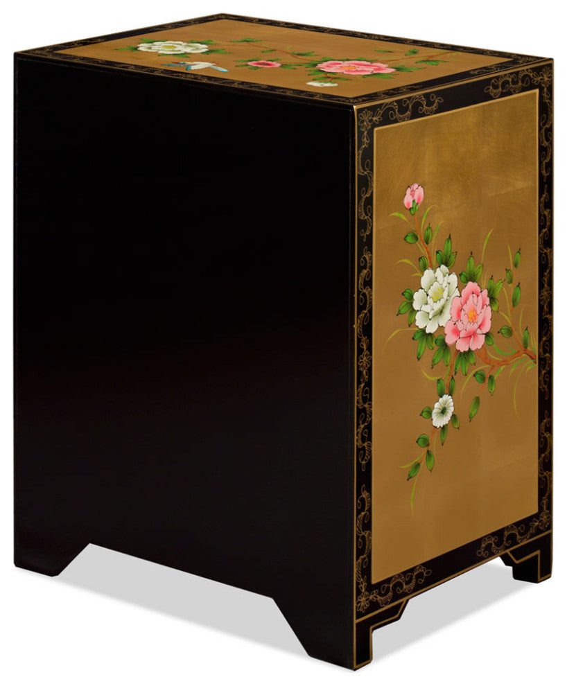 Gold Leaf Chinoiserie Bird and Flower Oriental Cabinet