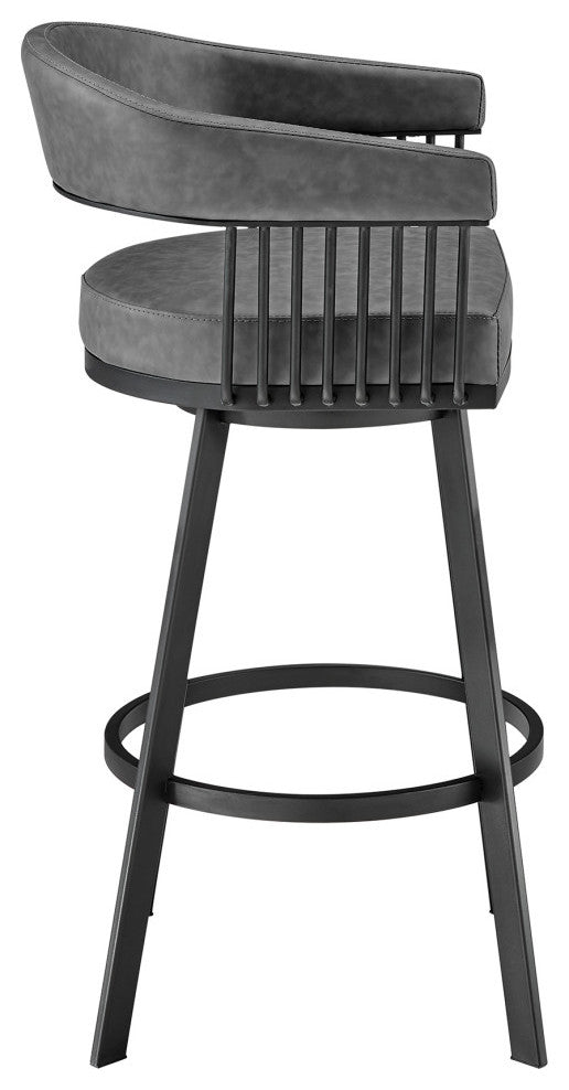 Chelsea 30" Bar Height Swivel Bar Stool, Black Finish and Gray Faux Leather