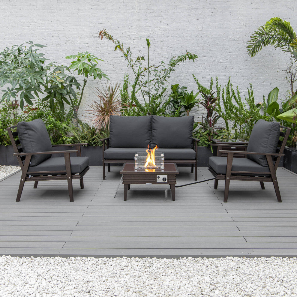 LeisureMod Walbrooke Patio Conversation Set With Fire Pit Table, Charcoal