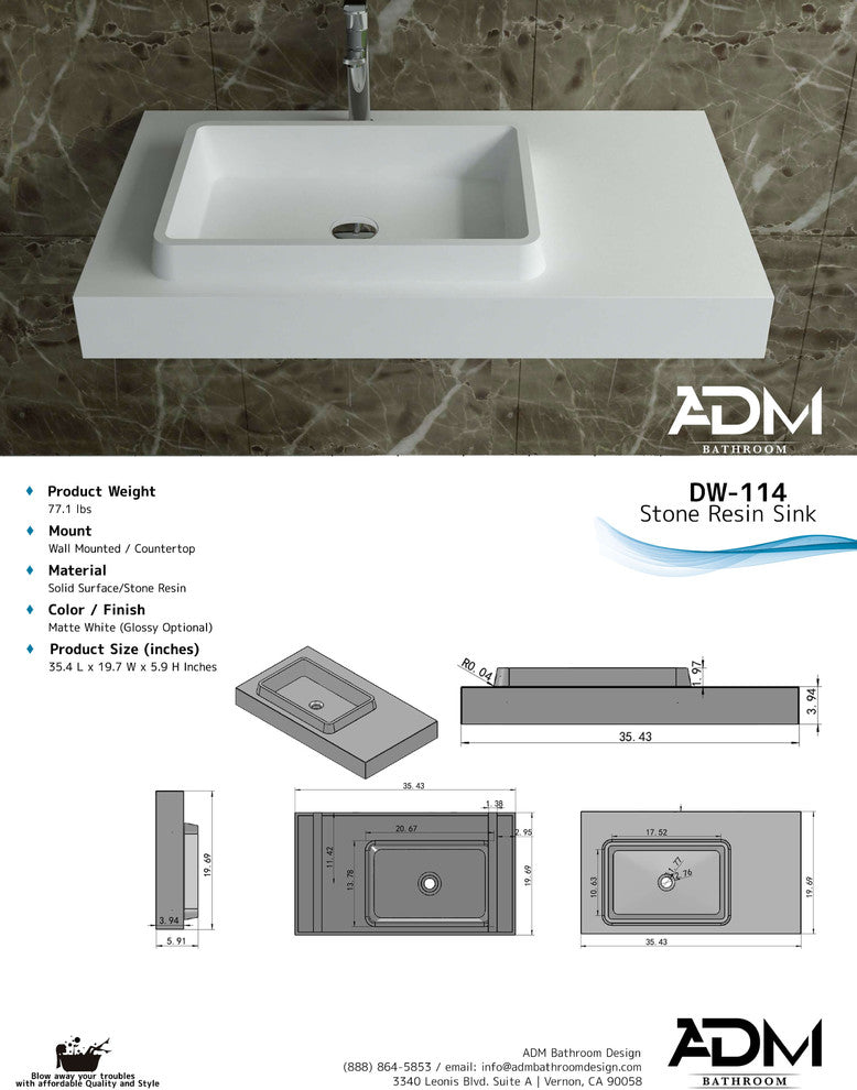ADM Rectangular Wall Mounted Sink, White, 35", Matte White