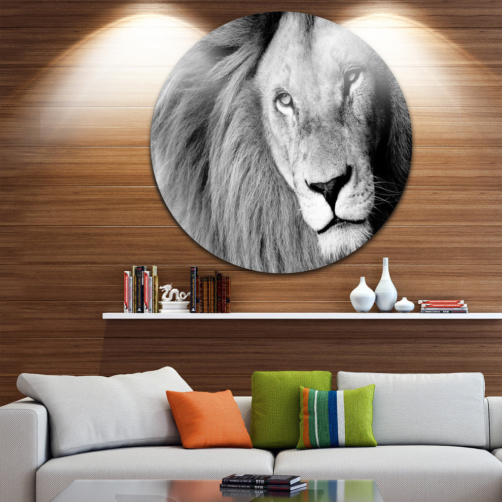 Lion Head In Grey, Animal Digital Art Round Metal Wall Art, 23"