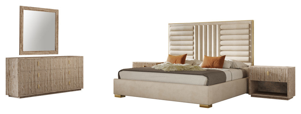Nova Domus Daystar, Roma Beige Velvet, Travertine, Gold Bedroom Set, Eastern King