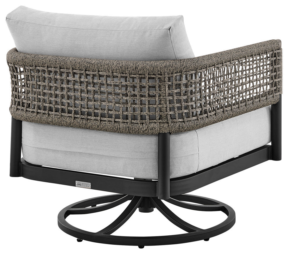 Felicia Outdoor Patio Swivel Rocking Chair in Black Aluminum and Grey Rope...