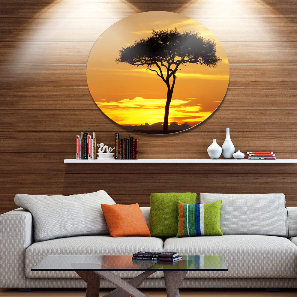 Beautiful Sunset Through Acacia Tree, African Round Metal Wall Art, 11"