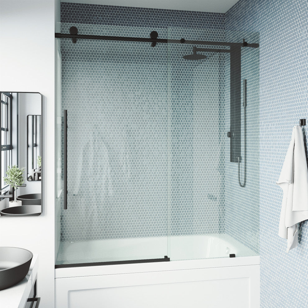 VIGO Elan E-Class 56" to 60" W x 66" H Frameless Sliding Tub Door, Matte Black, Clear Glass