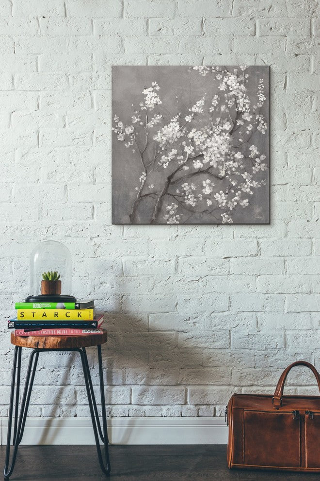 "White Cherry Blossom I on Gray" Giclee Canvas Wall Art, 26"x26"