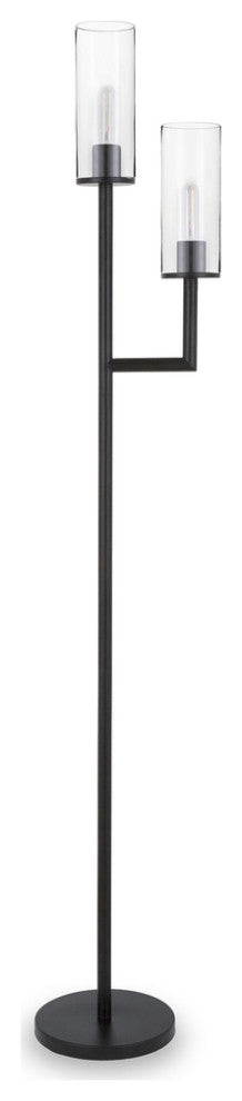 69" Black Two Light Torchiere Floor Lamp With Clear Transparent Glass Drum Shade